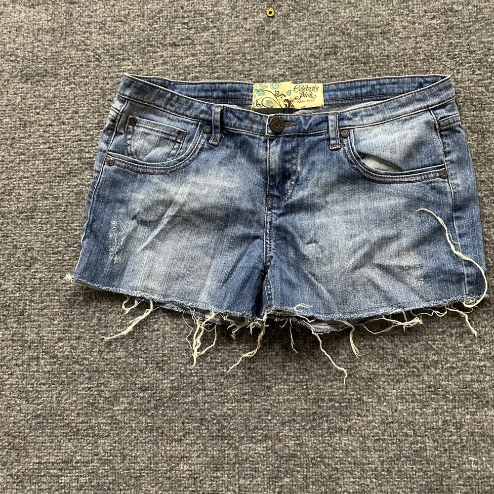 Celebrity Pink Denim Shorts Womens Size 13 Blue Distressed Raw Hem Low Rise